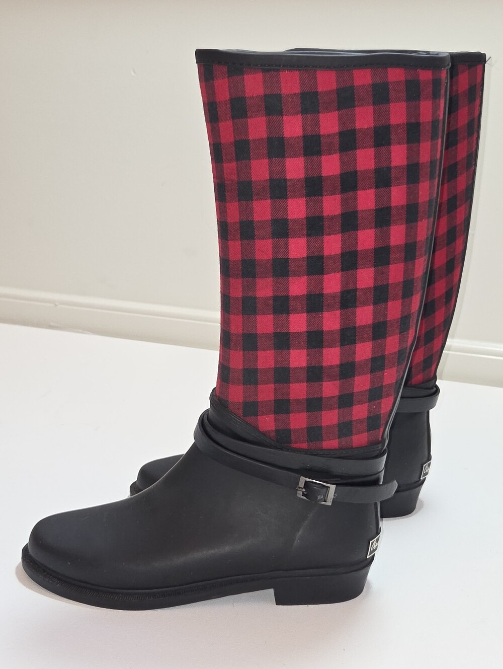 Charlie Paige Womens 6 Buffalo Plaid Tall Rain Boots Red Black Buckle